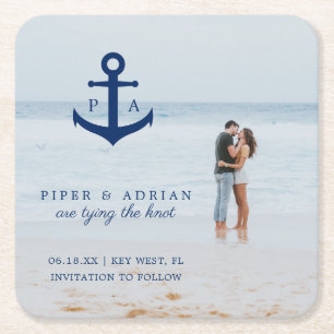 Nautisches Anker-Foto-Hochzeitssave-the-Date Rechteckiger Pappuntersetzer