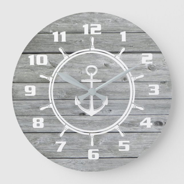 Nautisches Anker- und Schiffrad auf dem alten Holz Große Wanduhr (Vorderseite)
