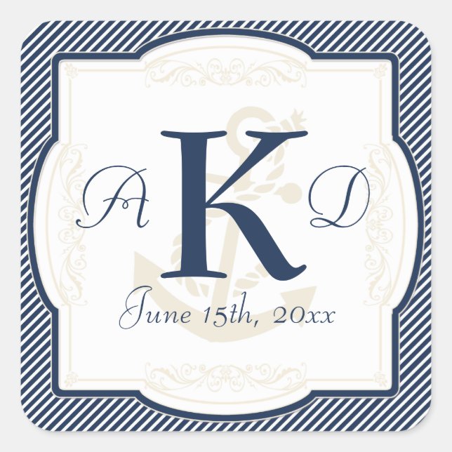 Nautisches Ankerboot Diagonal Streifen wirbeln Mod Quadratischer Aufkleber (Vorderseite)