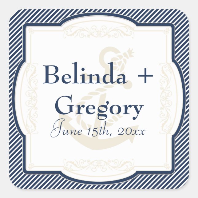 Nautisches Ankerboot Diagonal Streifen wirbeln Mod Quadratischer Aufkleber (Vorderseite)