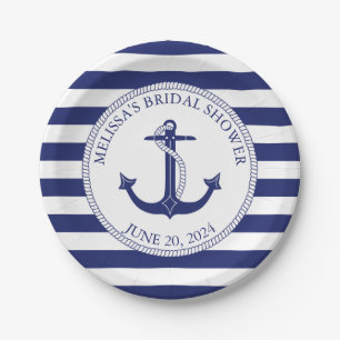 Nautisches Ankerschiff Navy Blue Stripe Brautparty Pappteller
