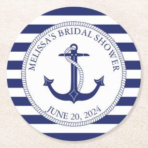 Nautisches Ankerschiff Navy Blue Stripe Brautparty Runder Pappuntersetzer