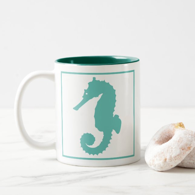Nautisches Aquamarines Seepferd Zweifarbige Tasse (Mit Donut)