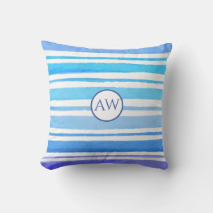 Nautisches Aquarell Meerblaue Streifen Monogramm Kissen
