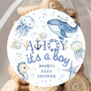 Nautisches Babyshower Ahoy, es ist ein Junge, Matr Runder Aufkleber