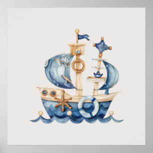 Nautisches Blau Baby Junge Segelschiff Poster
