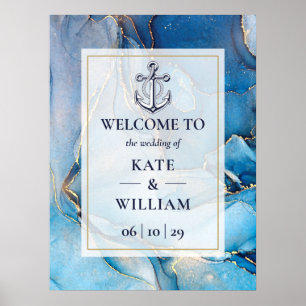 Nautisches Blau- und Gold-Achat-Hochzeits-Willkomm Poster