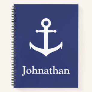 Nautisches Blau-Weiß-Anker-Muster Rückseite Name Notizbuch