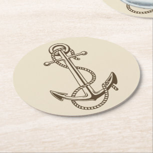 Nautisches braunes Schiff Anker Beige Hochzeitsfei Runder Pappuntersetzer