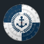 Nautisches Design Dartscheibe<br><div class="desc">Nautisches Design mit Anker- und Lorbeerkraendekoration über blau-weißem geometrischem Hintergrund</div>