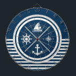 Nautisches Design Dartscheibe<br><div class="desc">Nautisches Design mit nautischen Symbolen (Anker,  Segelboot,  Segelrad,  Kompass) Dekoration auf weißem und marineblau gestreiften Hintergrund.</div>