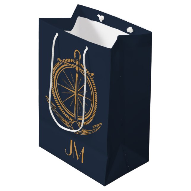 Nautisches Design mit Goldkompass und Anker Mittlere Geschenktüte (Vorderseite Schrägansicht)