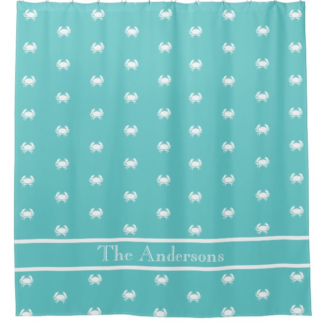 Nautisches Design mit White Crab auf Aquamarin Blu Duschvorhang (Vorderseite)