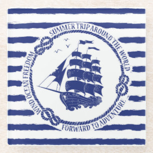 Nautisches Emblem mit Segelschiff Glasuntersetzer