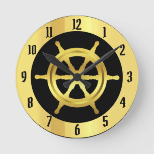 Nautisches Gold Schiff/Bootsrad auf schwarzer Rund Runde Wanduhr