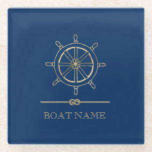 Nautisches goldenes Steuerrad, Marineblau    Glasuntersetzer