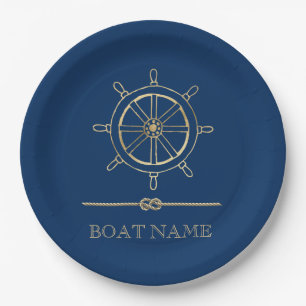 Nautisches goldenes Steuerrad, Marineblau Pappteller