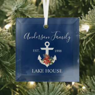 Nautisches Landhaus Winterflorales Navy Blau Ornament Aus Glas