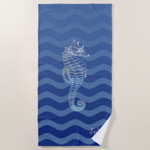 Nautisches Marineblau-Streifenwellen-Seepferdchen Strandtuch