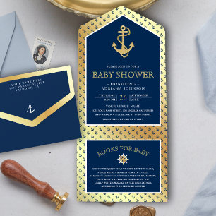 Nautisches Marineblau und goldener Anker Baby Show All In One Einladung