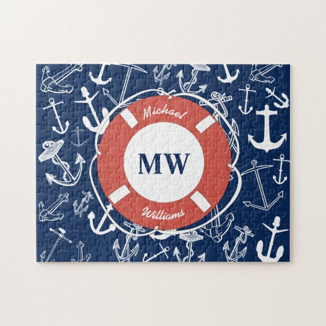Nautisches Mongram Navy Blue Anchor Muster (Horizontal)