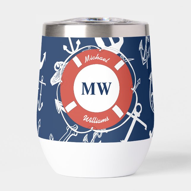 Nautisches Mongram Navy Blue Anchor Muster (Vorderseite)