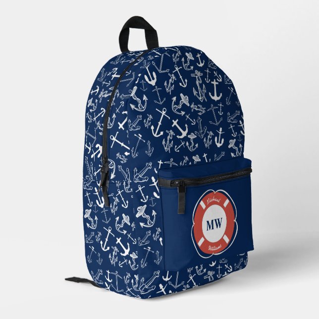 Nautisches Mongram Navy Blue Anchor Muster Bedruckter Rucksack (Rückseitige Ecke links)