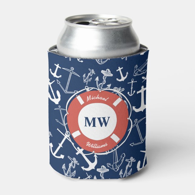Nautisches Mongram Navy Blue Anchor Muster Dosenkühler (Kanne Vorderseite)