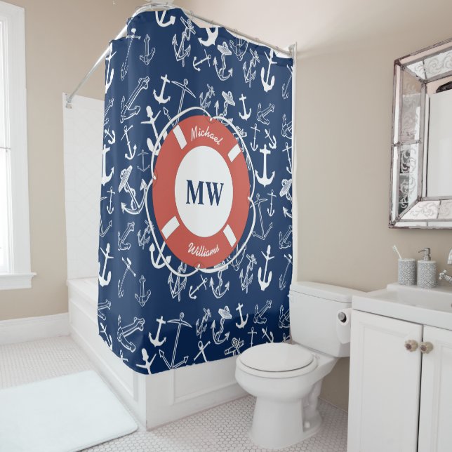 Nautisches Mongram Navy Blue Anchor Muster Duschvorhang (Beispiel)