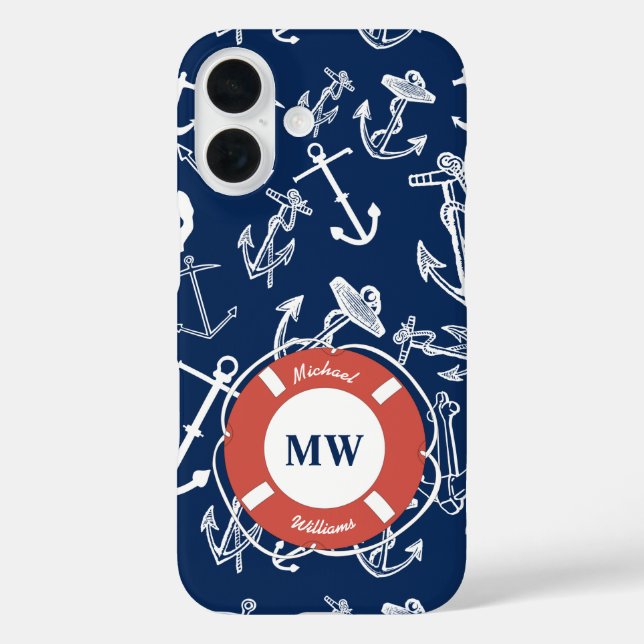 Nautisches Mongram Navy Blue Anchor Muster iPhone 16 Hülle (Rückseite)