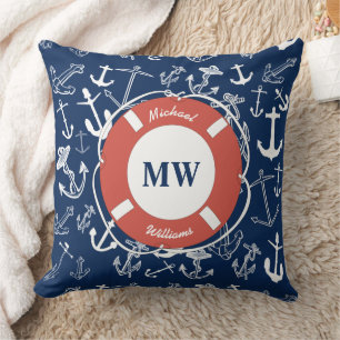 Nautisches Mongram Navy Blue Anchor Muster Kissen