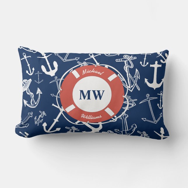 Nautisches Mongram Navy Blue Anchor Muster Lendenkissen (Vorderseite)