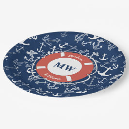 Nautisches Mongram Navy Blue Anchor Muster Pappteller