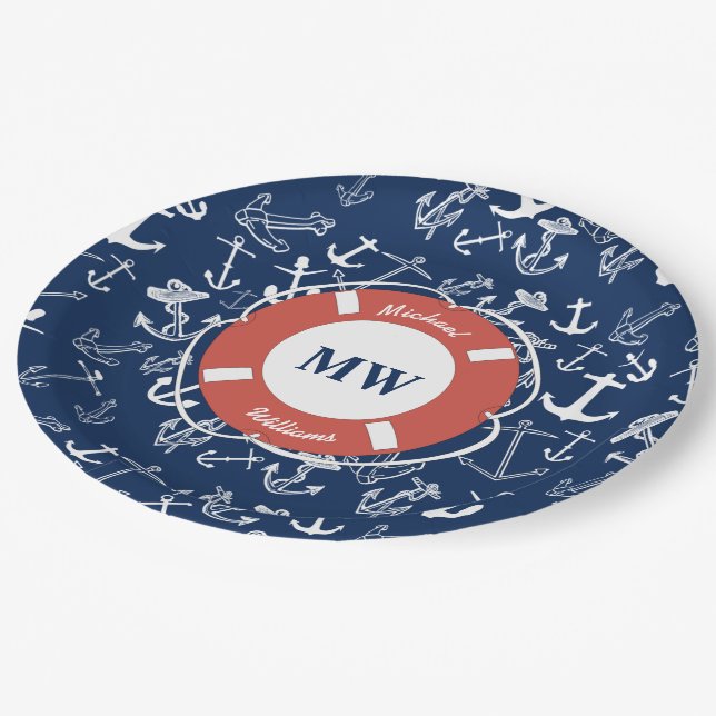 Nautisches Mongram Navy Blue Anchor Muster Pappteller (Schrägansicht)