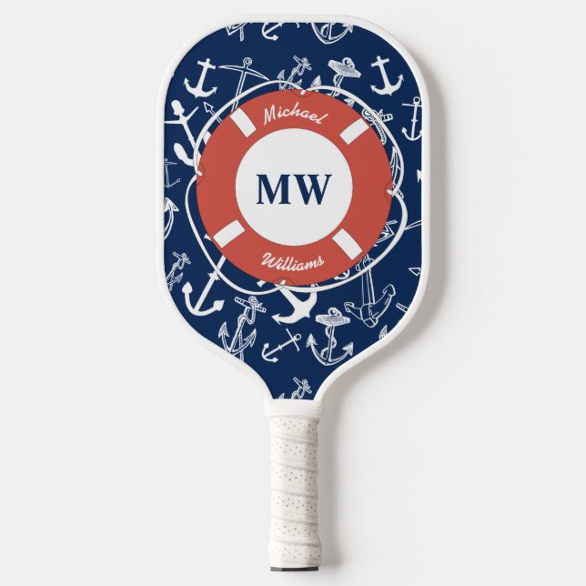 Nautisches Mongram Navy Blue Anchor Muster Pickleball Schläger (Vorderseite)