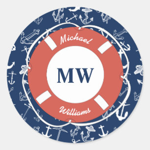 Nautisches Mongram Navy Blue Anchor Muster Runder Aufkleber