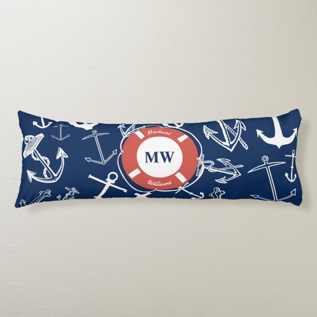 Nautisches Mongram Navy Blue Anchor Muster Seitenschläferkissen (Vorderseite)