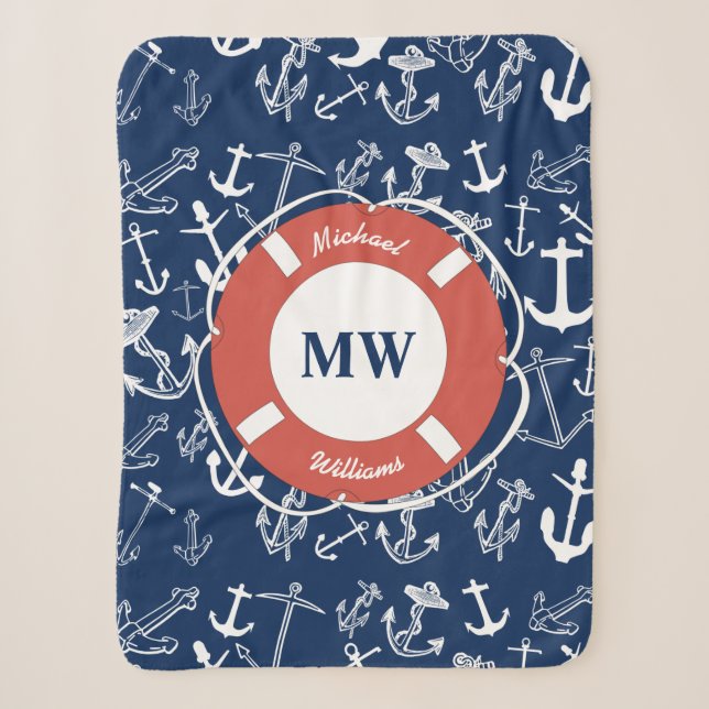 Nautisches Mongram Navy Blue Anchor Muster Sherpadecke (Vorderseite)
