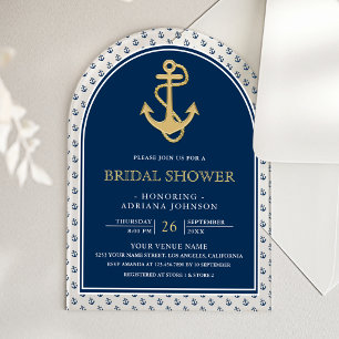 Nautisches Navy Blau Gold Anker Tor Brautparty Acryleinladungen