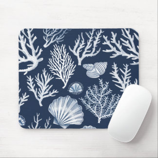 Nautisches Navy Blau Meeresmuschel- und Korallenri Mousepad