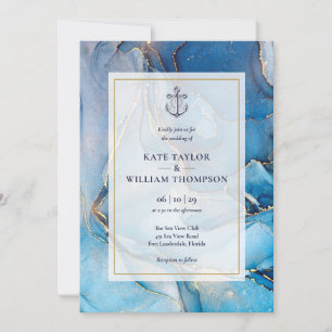Nautisches Navy Blau und Gold Achat Anker Hochzeit Einladung