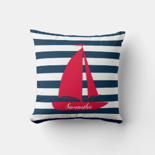 Nautisches Navy Blau Weiß Streifen Monogramm Rotes Kissen