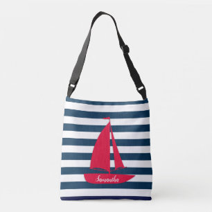 Nautisches Navy Blau Weiß Streifen Monogramm Rotes Tragetaschen Mit Langen Trägern