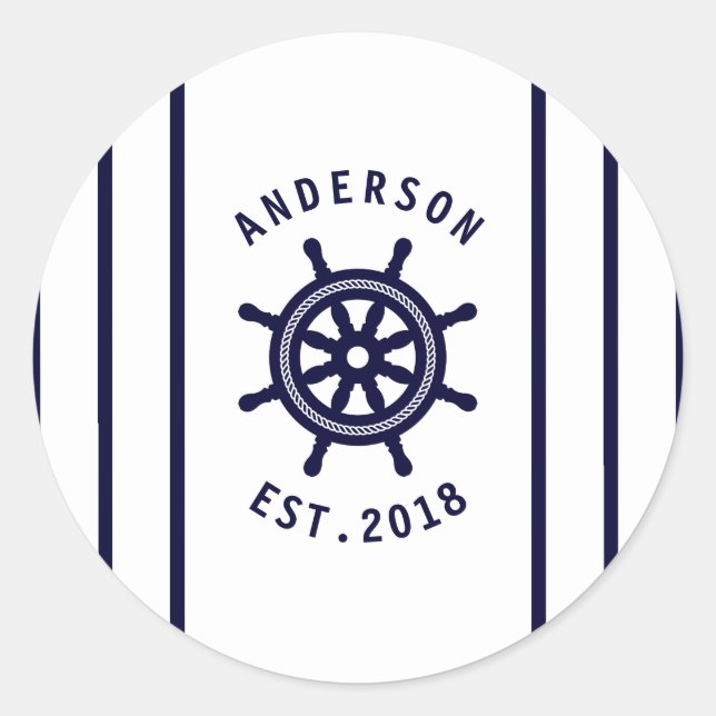 Nautisches Rad und Navy Blue Striping Maritime Runder Aufkleber (Vorderseite)