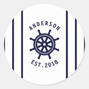 Nautisches Rad und Navy Blue Striping Maritime Runder Aufkleber