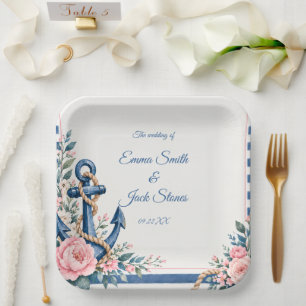 Nautisches Rosa Blaues Florales Anker Hochzeit Pappteller