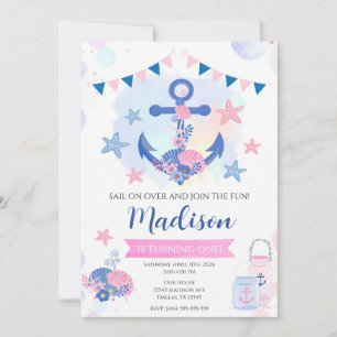Nautisches Rosa-Marine-Anker-Mädchen 1. Geburtstag Einladung