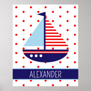 Nautisches Rot-Weiß-Blau-Segelboot Personalisiert Poster