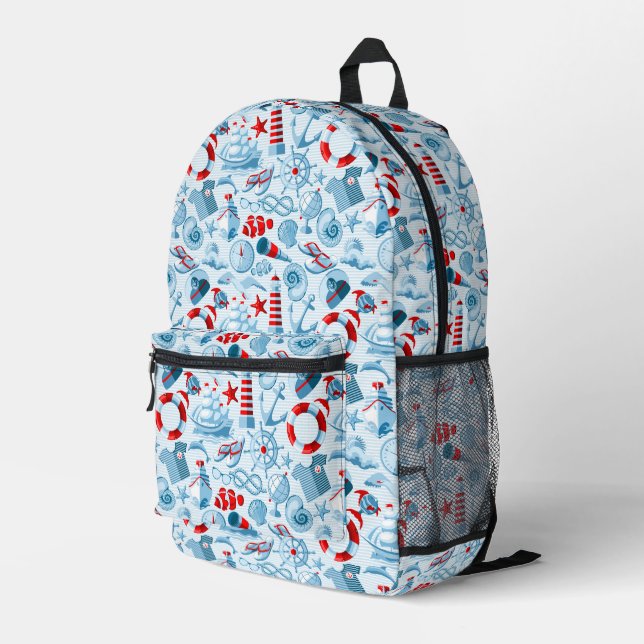 Nautisches rotes und blaues Muster Bedruckter Rucksack (Rückseitige Ecke Rechts)