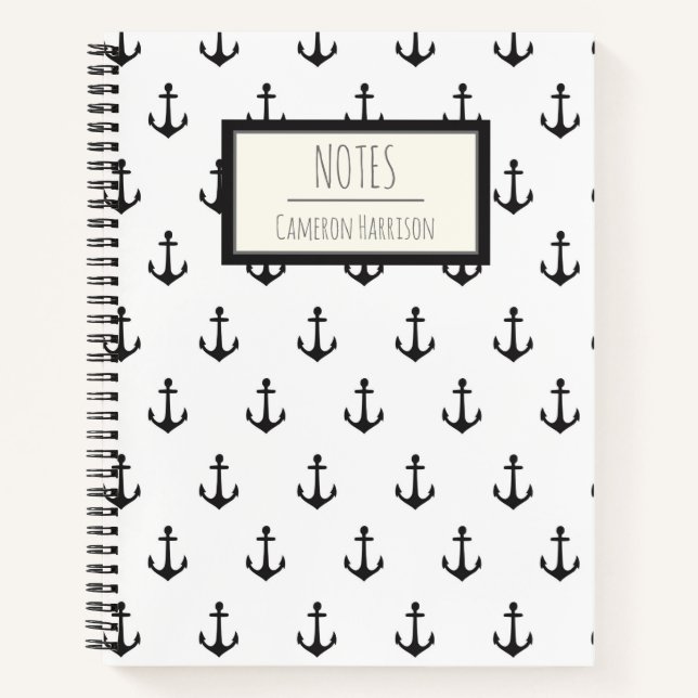 Nautisches Schwarz-weißes Ankermuster Personalisie Notizbuch (Vorderseite)
